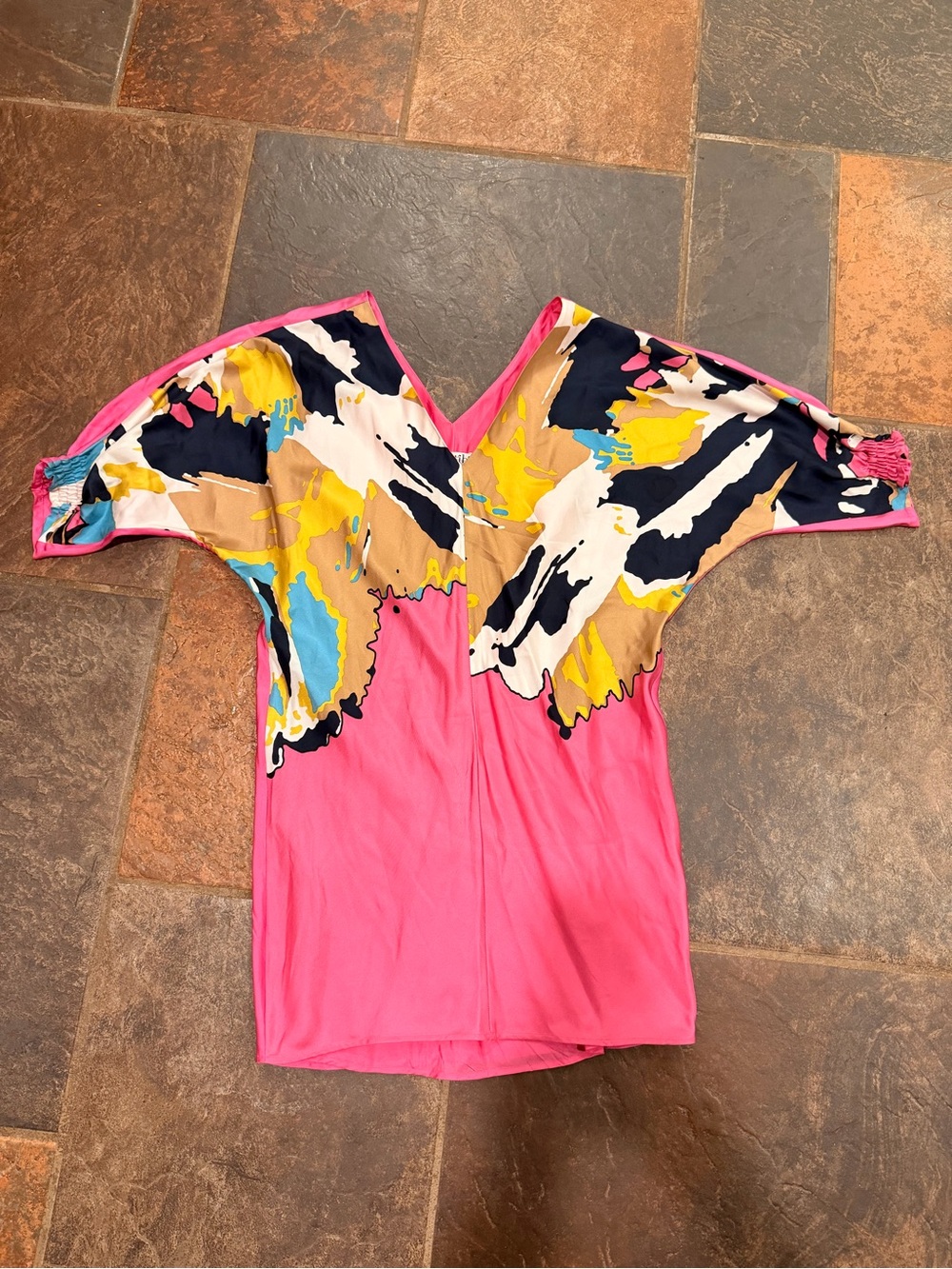 Tibi 100% Silk Women's Pink Abstract Print V-Neck Dolman Sleeve Dress